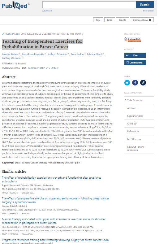 Teaching of Independent Exercises for Prehabilitation in Breast Cancer