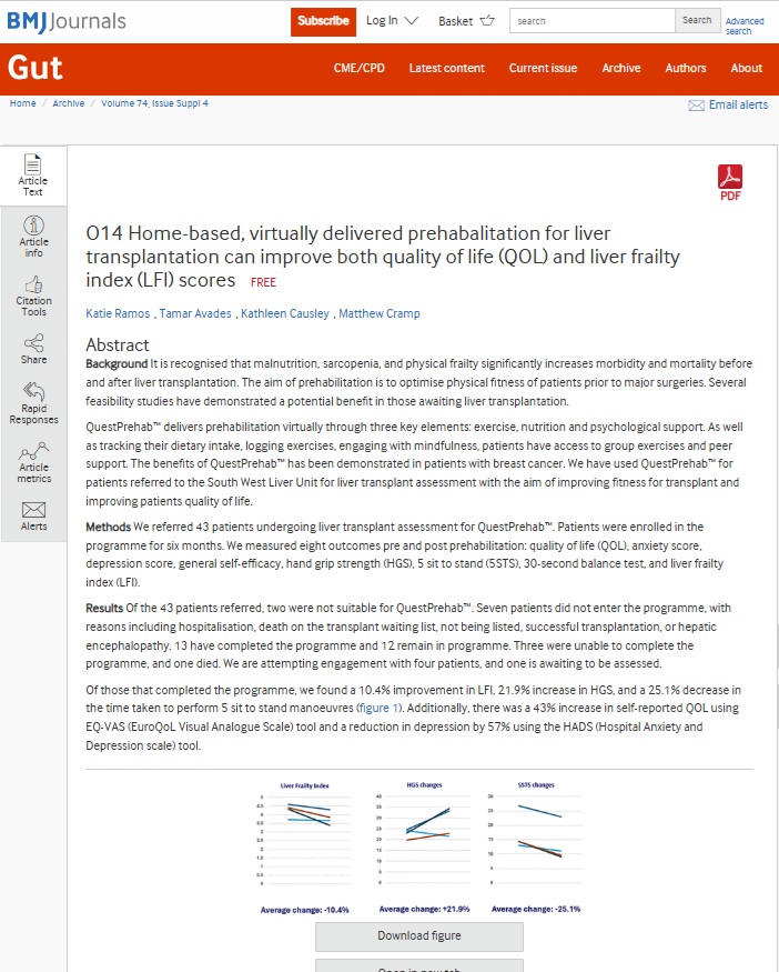 QuestPrehab Home-based, virtually delivered prehabalitation for liver transplantation can improve both quality of life (QOL) and liver frailty index (LFI) score